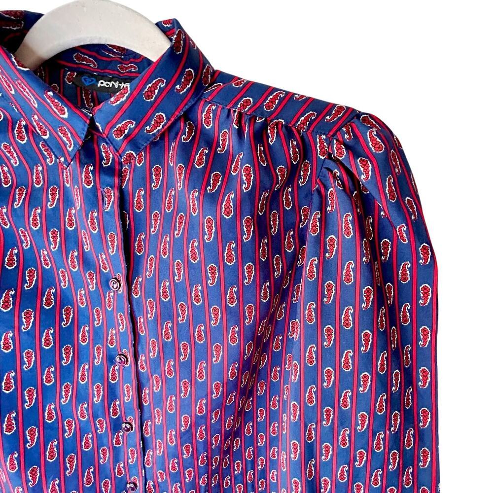 Vintage Paisley Blouse Puffy Sleeves Navy Red Silky Button Up Size Small - Picture 6 of 11